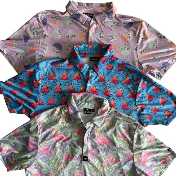 Bad Birdie Golf Polo Shirt Mens Medium Lot 3 Flamingo Tropical Abstract 80s 90s - Picture 1 of 11